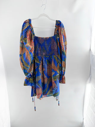 Farm Rio tropical tapestry mini dress featuring smocked bodice, square neckline, voluminous long sleeves with ruffle cuffs, L