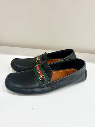Gucci Leather Slip On Loafer Black with Gold Buckle and Red/Green Stripe Mens 11