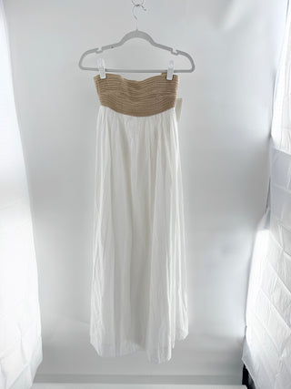 Show Me Your Mumu maxi dress featuring textured crochet-knit sweetheart bodice paired with a flowing cotton skirt, S