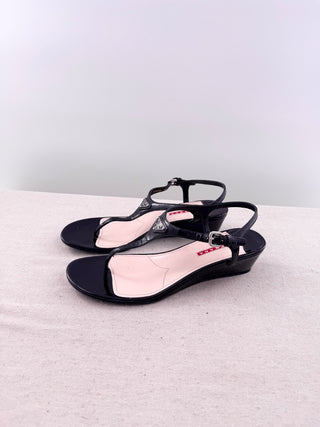 Prada patent leather metal triangle sandals, 40