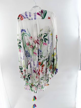 Rococo Sand Bloom Floral Print Surplice Neck Mini Dress White Women's Size M