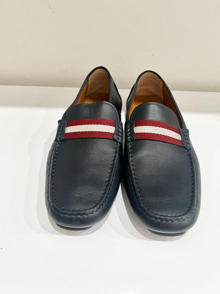 Bally Perthy Leather Loafers Black w/ Red and White Stripe Men's Size 12