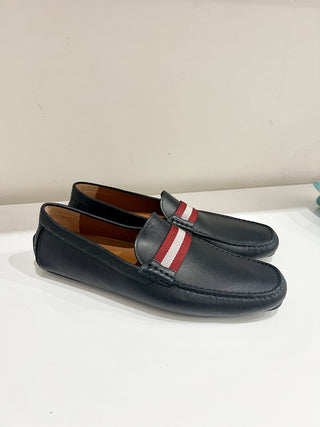 Bally Perthy Leather Loafers Black w/ Red and White Stripe Men's Size 12
