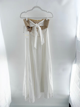 Show Me Your Mumu maxi dress featuring textured crochet-knit sweetheart bodice paired with a flowing cotton skirt, S