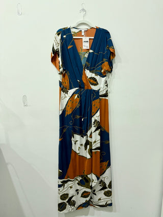 Diane von Furstenberg Pattern Silk Blend V-Neck Maxi Dress Blue Orange Womens 10