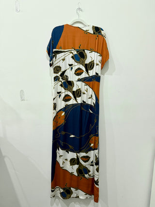 Diane von Furstenberg Pattern Silk Blend V-Neck Maxi Dress Blue Orange Womens 10
