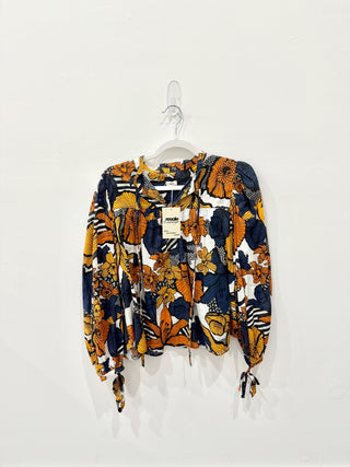 Warm Mystic Floral Printed Long Sleeve Blouse Top Marigold Women's Size Small