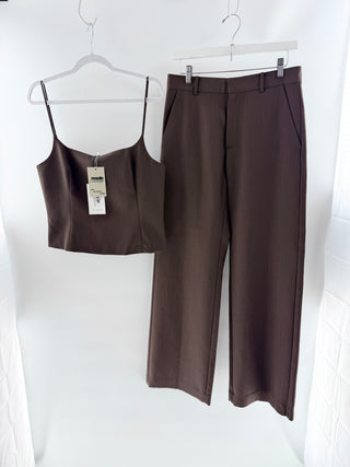 NWT St. Agni Silk Canvas Cami & Carter Trousers Pants Set Mud Top M / Bottom S