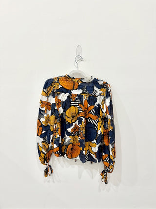 Warm Mystic Floral Printed Long Sleeve Blouse Top Marigold Women's Size Small