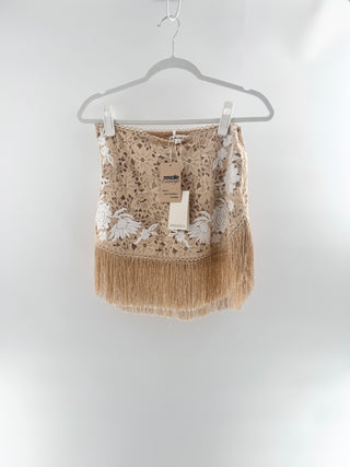 For Love & Lemons lace fringe mini skirt featuring delicate floral lace overlay with intricate embroidered applique detailing throughout, S