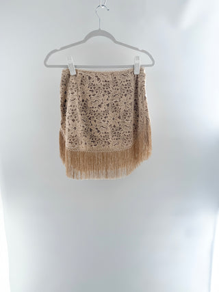 For Love & Lemons lace fringe mini skirt featuring delicate floral lace overlay with intricate embroidered applique detailing throughout, S