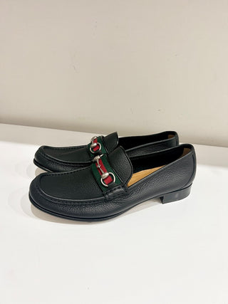 Gucci Horsebit Web Trim Slip On Block Heel Leather Loafer Shoes Black Men's 10.5