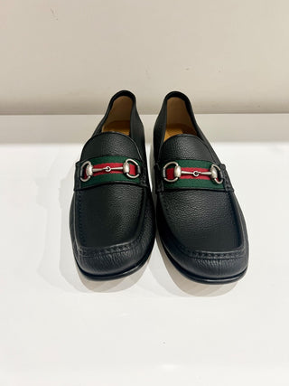 Gucci Horsebit Web Trim Slip On Block Heel Leather Loafer Shoes Black Men's 10.5
