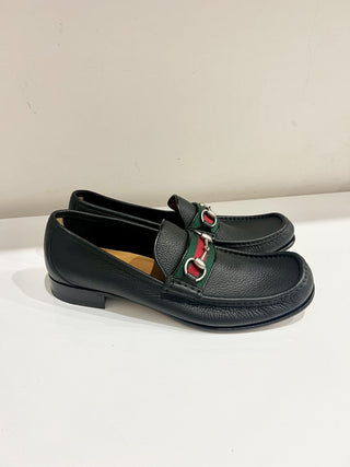 Gucci Horsebit Web Trim Slip On Block Heel Leather Loafer Shoes Black Men's 10.5
