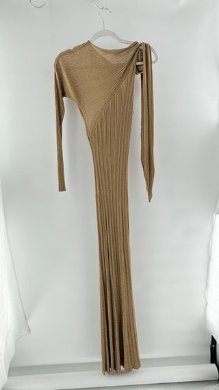 Paco Rabanne Knit Metallic Asymmetrical Lurex Rib Long Dress Gold Women's XS