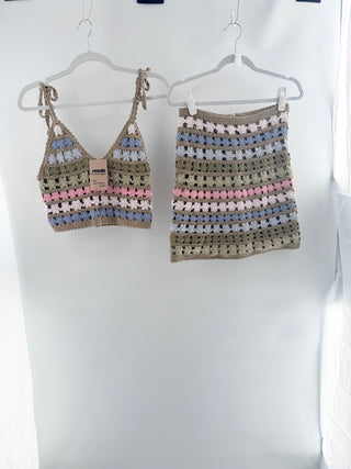 she made me handcrafted crochet knit two-piece set featuring floral open-knit pattern throughout featuring cropped bralette style top with matching fitted mini skirt, S