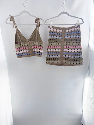 she made me handcrafted crochet knit two-piece set featuring floral open-knit pattern throughout featuring cropped bralette style top with matching fitted mini skirt, S