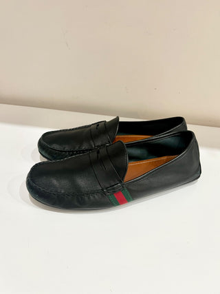 Gucci Black Leather Web Trim Slip On Moccasin Penny Loafers Black Men's Size 11