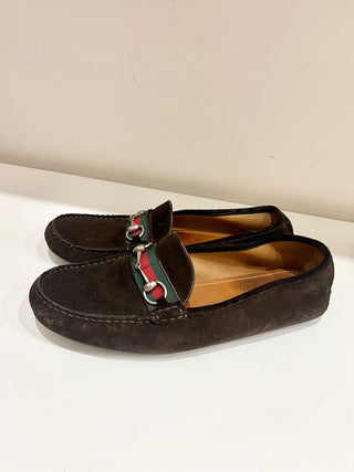 Gucci Suede Web Horsebit Driver Loafers Shoes Cocoa/Green and Red Stripe Mens 11