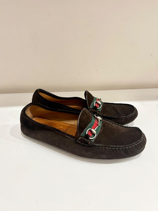 Gucci Suede Web Horsebit Driver Loafers Shoes Cocoa/Green and Red Stripe Mens 11