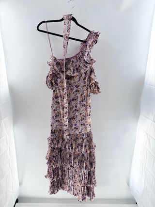 Alexis asymmetrical satin floral pleated trim maxi dress, S