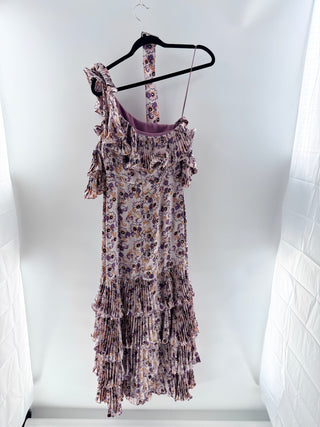 Alexis asymmetrical satin floral pleated trim maxi dress, S