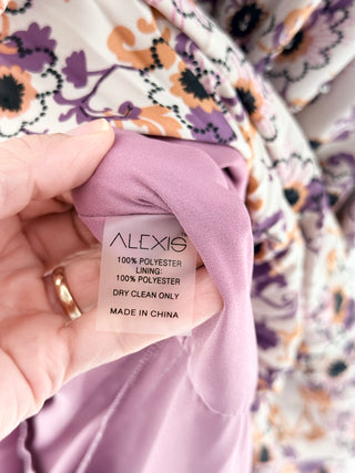 Alexis asymmetrical satin floral pleated trim maxi dress, S