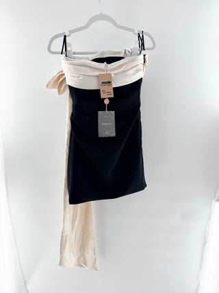 NWT House of CB Jana Oversized Bow Strapless Mini Dress Black Cream Women's XS