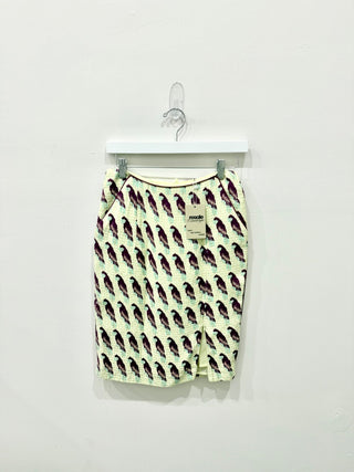 H&M Bird Print Pull On High Waisted Mini Pencil Skirt Lime Yellow Women's Size 2