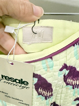 H&M Bird Print Pull On High Waisted Mini Pencil Skirt Lime Yellow Women's Size 2