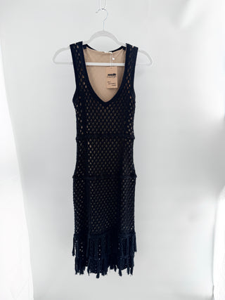 L'Agence Sleeveless Crochet Knit Bodycon Midi Dress with Fringe Black Small