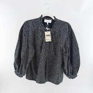 The Great Boutonniere Puff Sleeve Blouse Top Black Laurel Leaf Print Women's 2