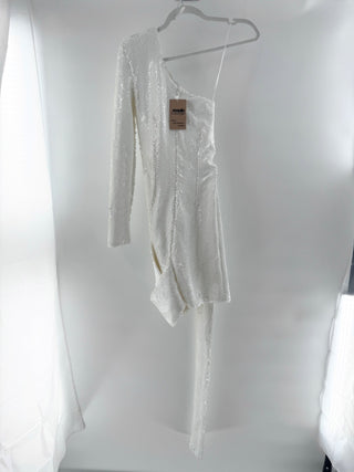 NWT Nadine Merabi Celina Sequins One Shoulder Mini Dress White Women's Small