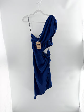 Amanda Uprichard 100% Silk Asymmetrical One Shoulder Cut Out Midi Dress Blue S