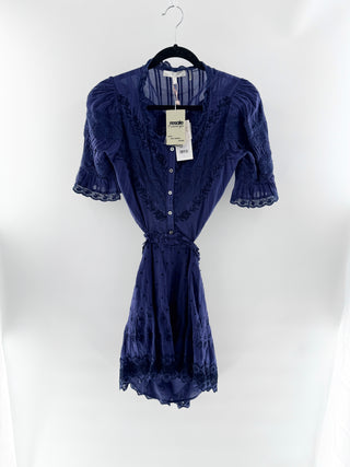 NWT LoveShackFancy Delina Embroidered Lace Cutout Mini Dress Midnight Womens S