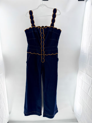 NWT FARM Rio Denim Cloud Scalloped Cutout Flare Jumpsuit Blue Dark Blue Womens L