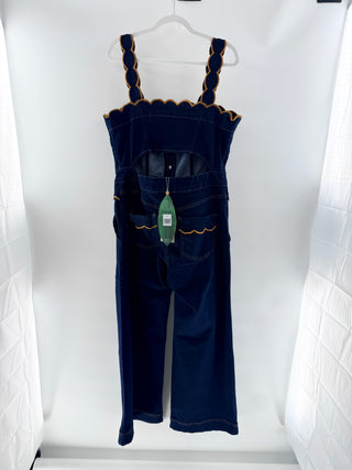 NWT FARM Rio Denim Cloud Scalloped Cutout Flare Jumpsuit Blue Dark Blue Womens L