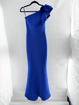 Jovani Asymmetrical Ruffle One Shoulder Bodycon Maxi Dress Blue Women's Size 0