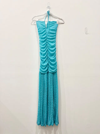 Ganni Sleeveless Halter Ruched Mermaid Maxi Dress Blue Curacao Womens 34/US 2-4