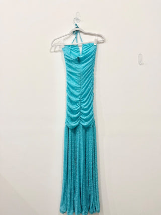Ganni Sleeveless Halter Ruched Mermaid Maxi Dress Blue Curacao Womens 34/US 2-4