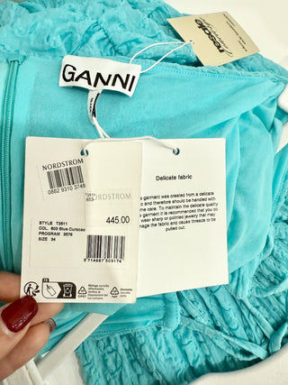 Ganni Sleeveless Halter Ruched Mermaid Maxi Dress Blue Curacao Womens 34/US 2-4