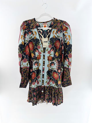 FARM Rio Flowing Beauty Long Sleeve V-Neck Mini Shirt Dress Blue Brown Womens M