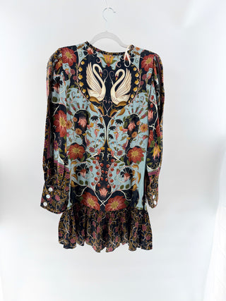 FARM Rio Flowing Beauty Long Sleeve V-Neck Mini Shirt Dress Blue Brown Womens M
