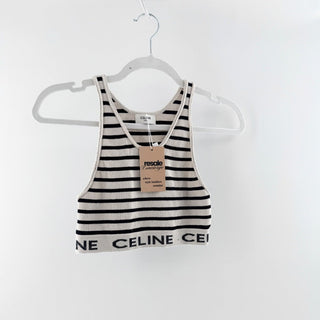 Celine Striped Logo Waistband Racerback Ribbed Crop Tank Top Cream Black Small