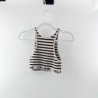 Celine Striped Logo Waistband Racerback Ribbed Crop Tank Top Cream Black Small