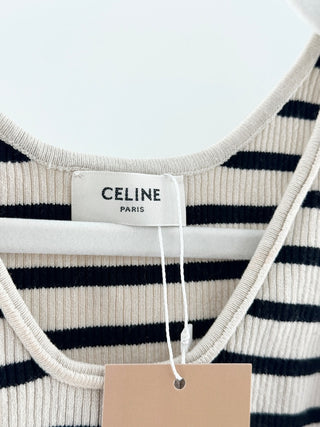 Celine Striped Logo Waistband Racerback Ribbed Crop Tank Top Cream Black Small
