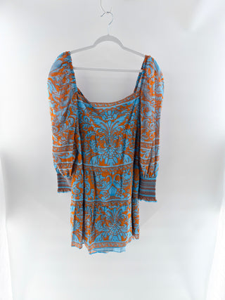 NWT Alice + Olivia Rowen Long Sleeve Babydoll Mini Dress Blue Orange Womens XL