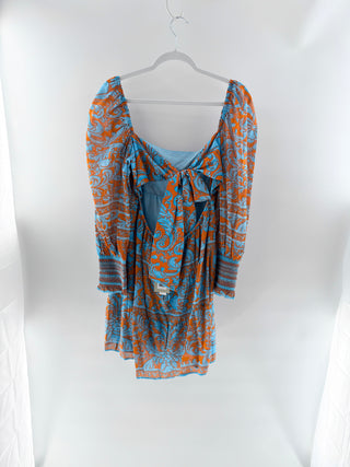 NWT Alice + Olivia Rowen Long Sleeve Babydoll Mini Dress Blue Orange Womens XL