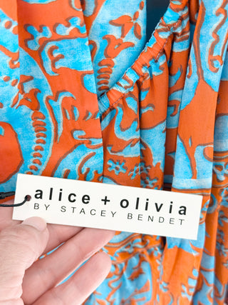 NWT Alice + Olivia Rowen Long Sleeve Babydoll Mini Dress Blue Orange Womens XL