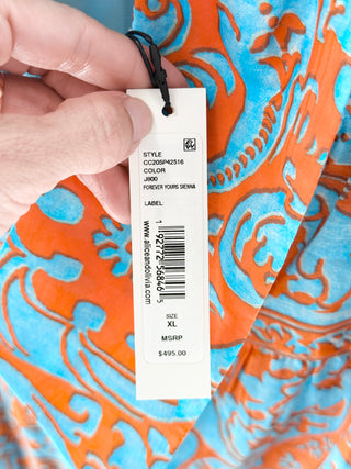 NWT Alice + Olivia Rowen Long Sleeve Babydoll Mini Dress Blue Orange Womens XL